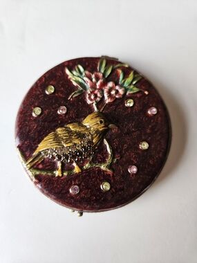🌺Vintage Puccini Enamel, Champaign & Burgundy Crystals Vanity Compact Mirror